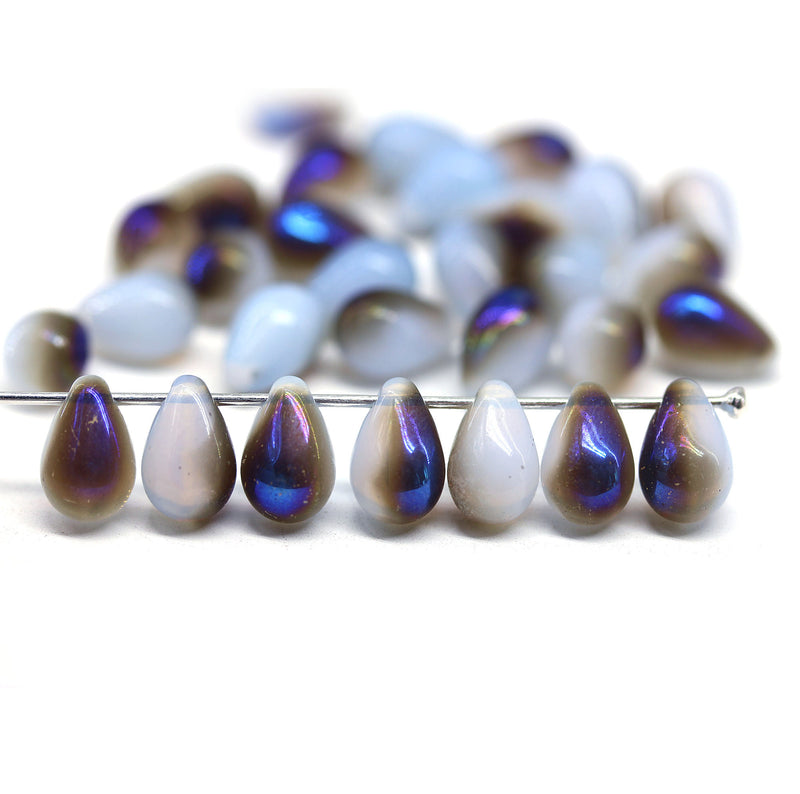 6x9mm Opal blue czech glass teardrop beads with luster, 30pc