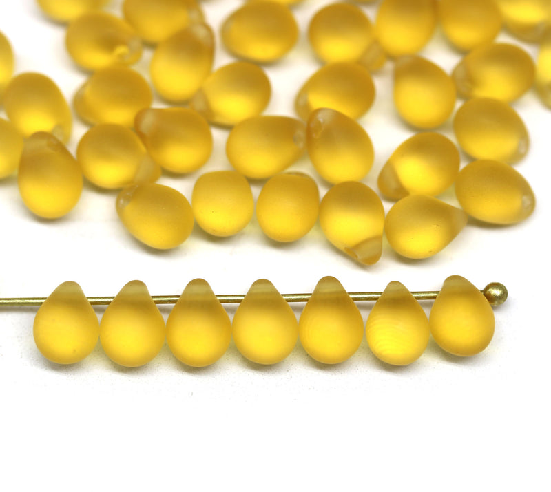 5x7mm Frosted amber topaz teardrops czech glass beads, 50pc