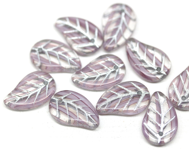 14x9mm Mixed color Czech glass leaves, silver inlays, 10pc