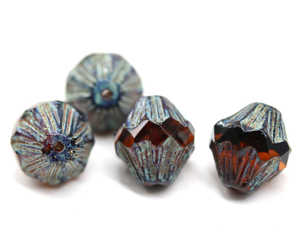 13x11mm Dark topaz Czech glass large baroque bicones, picasso finish, 4Pc