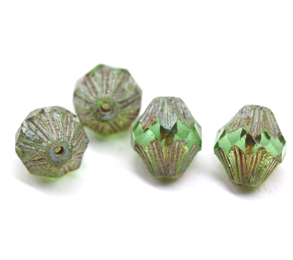 13x11mm Antique green Czech glass large baroque bicones, picasso finish, 4Pc