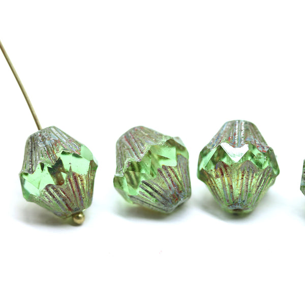 13x11mm Antique green Czech glass large baroque bicones, picasso finish, 4Pc