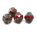 13x11mm Opaque red Czech glass large baroque bicones, picasso finish, 4Pc