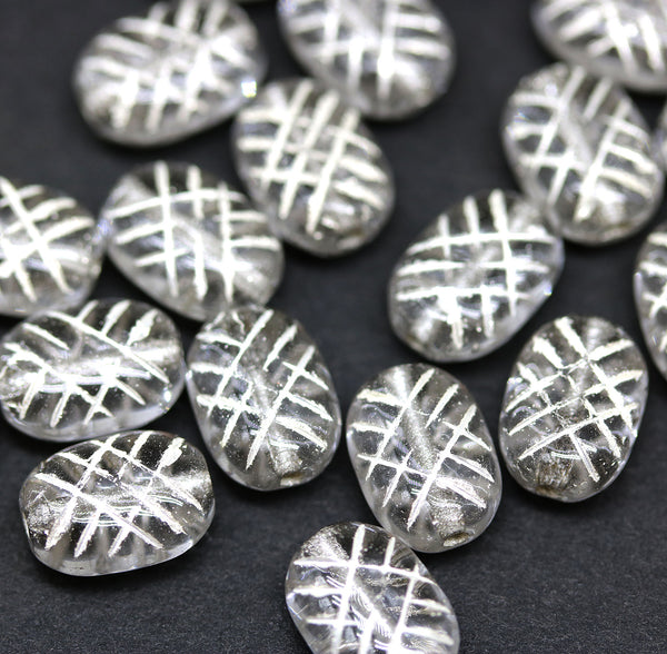 10x7mm Puffy oval clear czech glass pressed beads, silver wash, 20pc