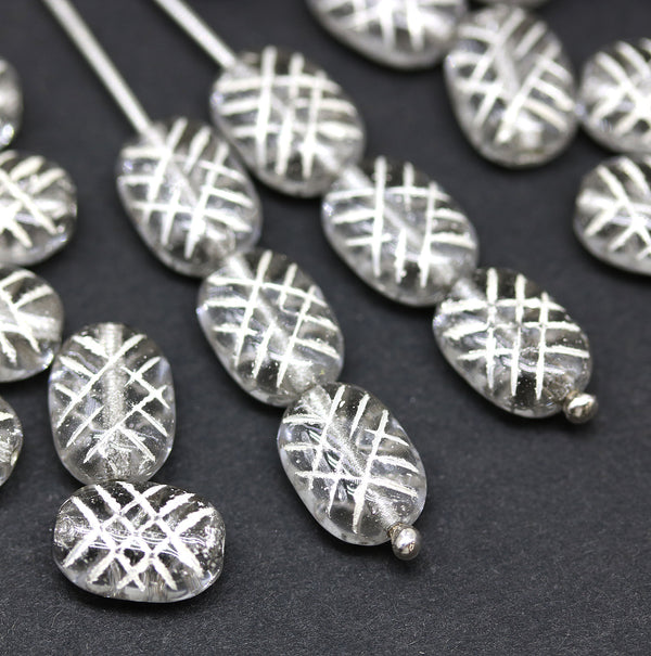 10x7mm Puffy oval clear czech glass pressed beads, silver wash, 20pc