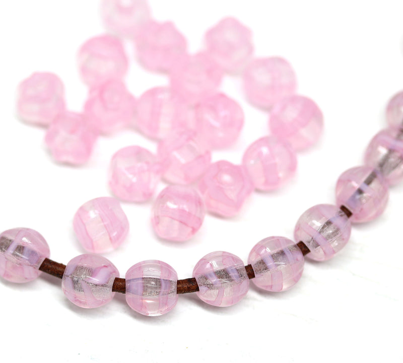1.5mm hole pink stripes mixed 6mm melon shape beads - 30pc