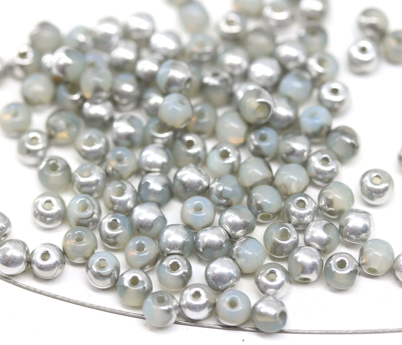 4mm Opal gray Czech glass round druk spacers silver coating, approx.90Pc