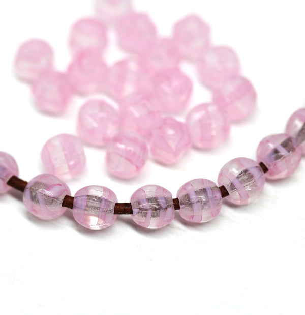 1.5mm hole pink stripes mixed 6mm melon shape beads - 30pc