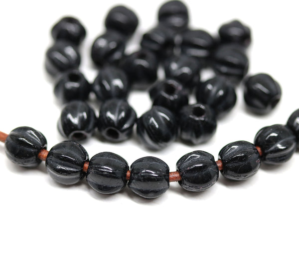 1.5mm hole jet black 6mm melon shape beads - 30pc