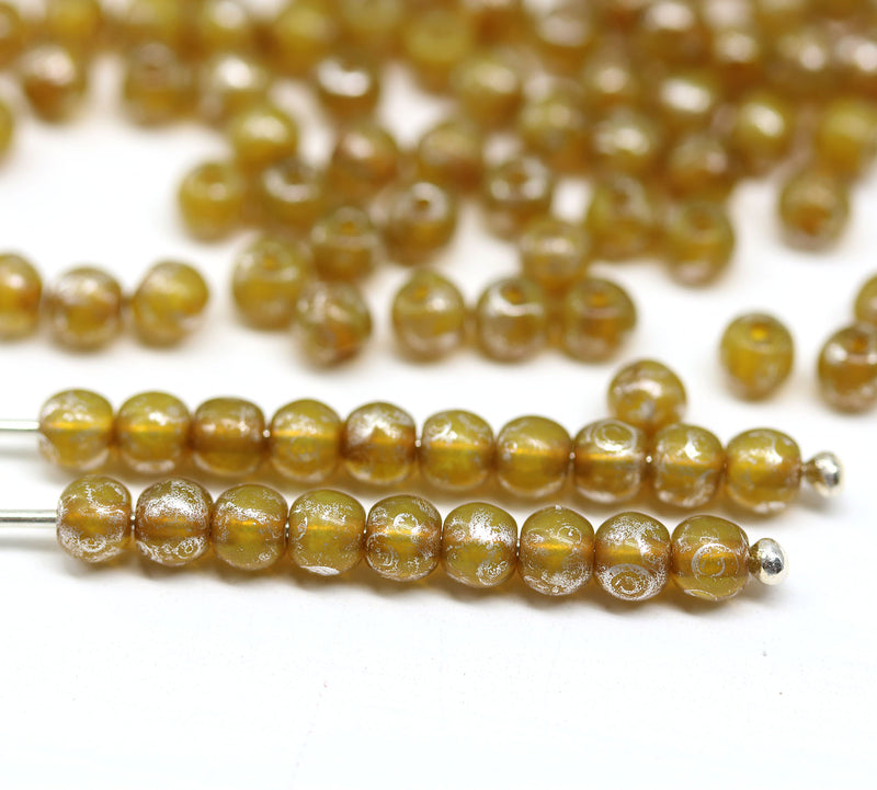 4mm Opal yellow Czech glass round druk spacers silver wash, approx.90Pc