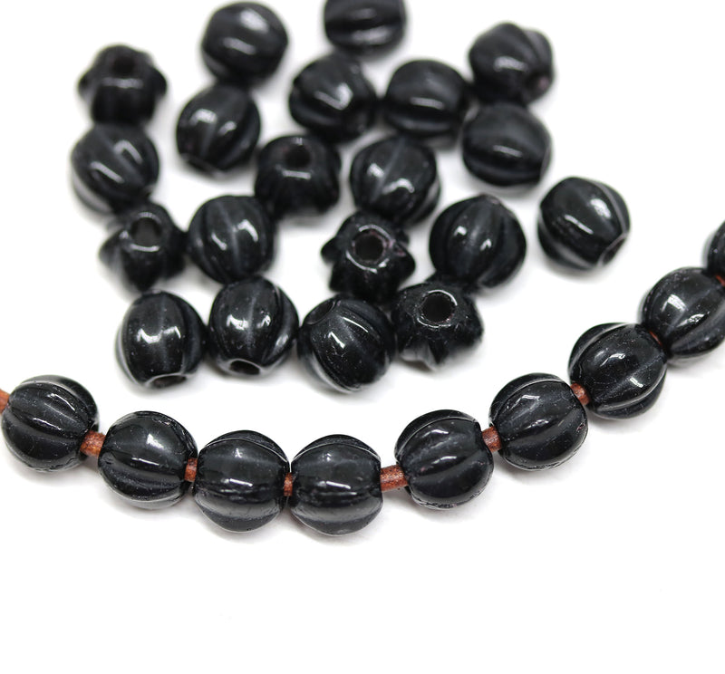 1.5mm hole jet black 6mm melon shape beads - 30pc