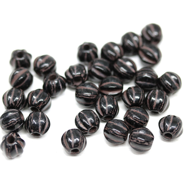 1.5mm hole black with stripes 6mm melon shape beads - 30pc