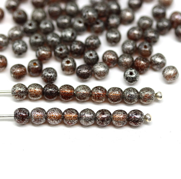 4mm Dark topaz Czech glass round druk spacers silver wash, approx.90Pc