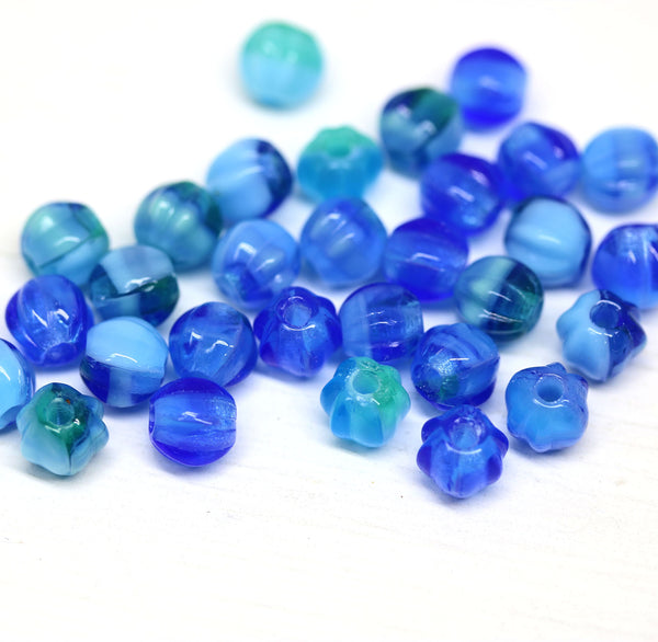 1.5mm hole blue mixed 6mm melon shape beads - 30pc
