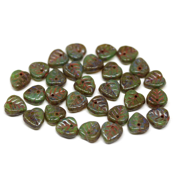 9mm Dark green brown heart shaped leaf green picasso finish - 30pc