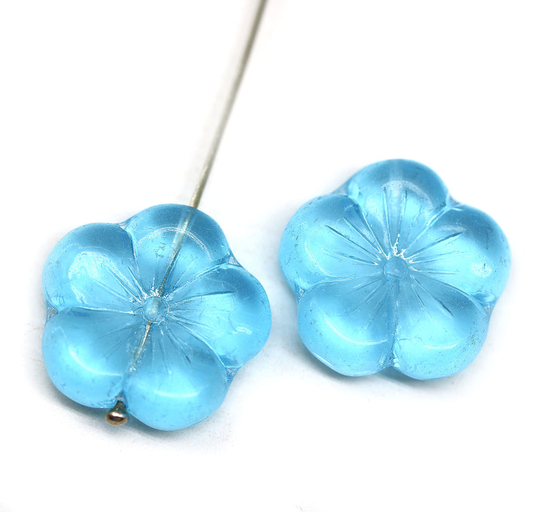 22mm Aqua blue large czech glass flower beads, 2pc