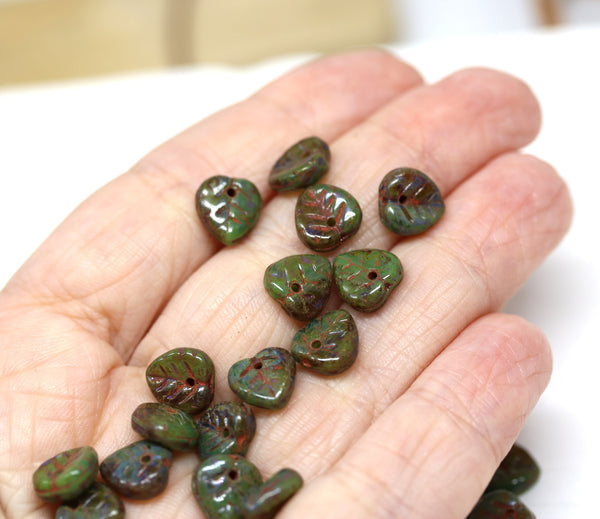 9mm Dark green brown heart shaped leaf green picasso finish - 30pc