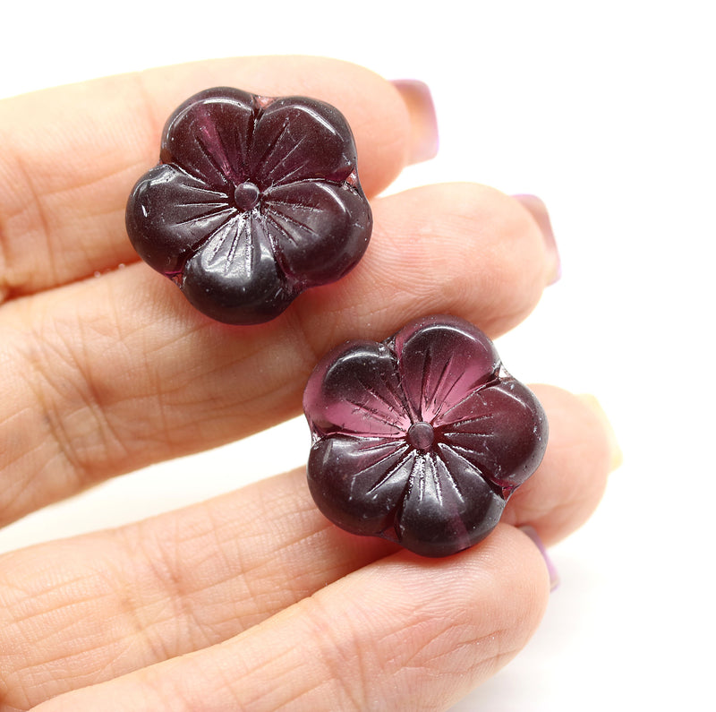 22mm Dark purple large czech glass flower beads, 2pc