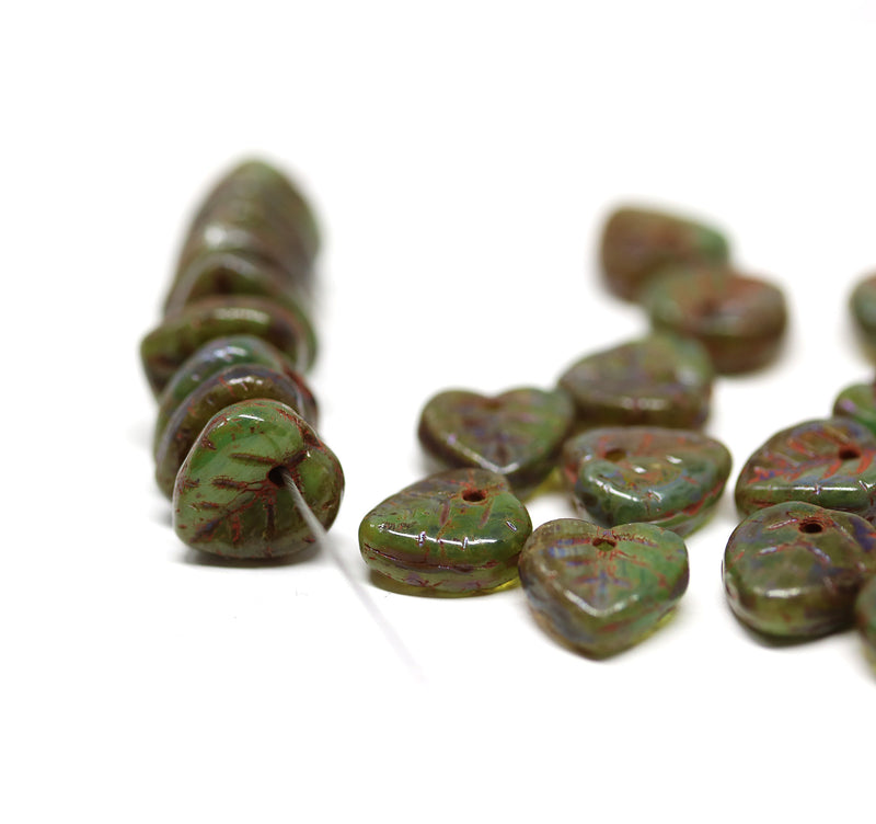 9mm Dark green brown heart shaped leaf green picasso finish - 30pc