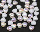 6mm White heart Czech glass beads, AB finish, 40pc