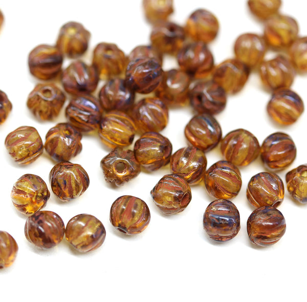 4mm Picasso brown transparent melon shape glass beads, 50pc