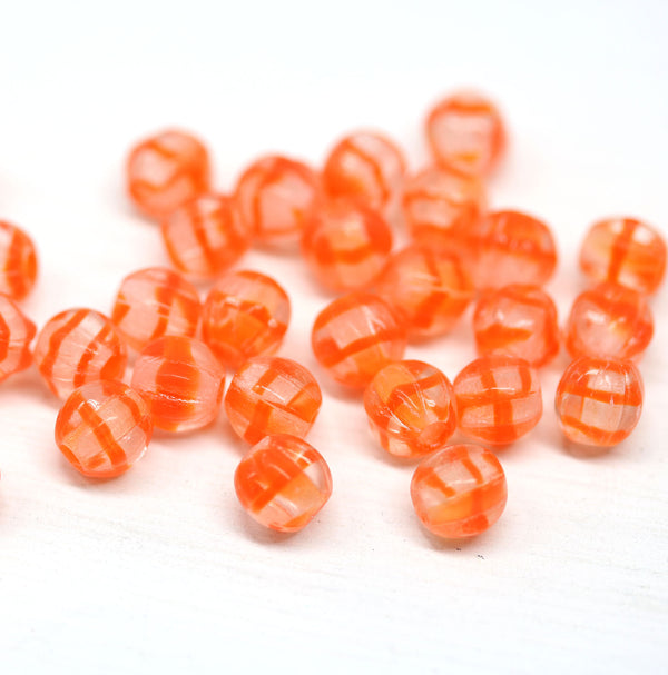 1.5mm hole orange 6mm melon shape beads with stripes - 30pc