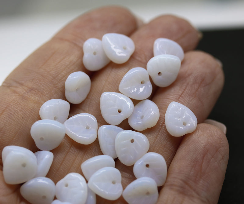9mm Alabaster white leaf beads Czech glass triangle leaves, 30pc
