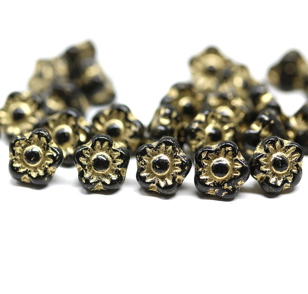 7mm Button style flower glass beads Black gold inlays - 25pc