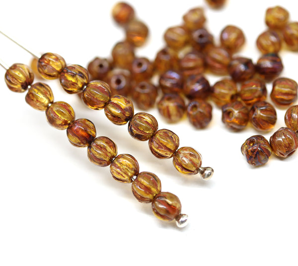 4mm Picasso brown transparent melon shape glass beads, 50pc
