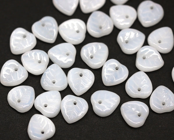 9mm Alabaster white leaf beads Czech glass triangle leaves, 30pc