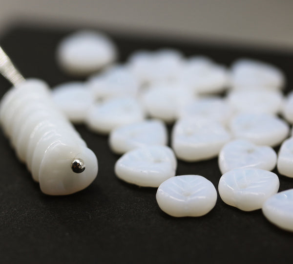 9mm Alabaster white leaf beads Czech glass triangle leaves, 30pc