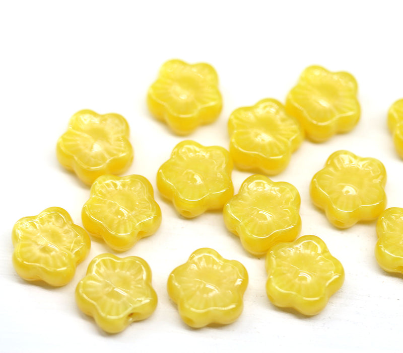 10mm Opaque yellow flower czech glass bead, 15pc