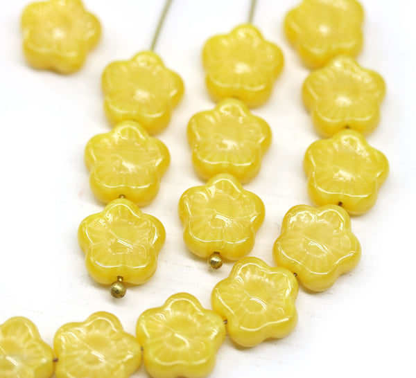 10mm Opaque yellow flower czech glass bead, 15pc