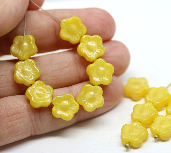 10mm Opaque yellow flower czech glass bead, 15pc