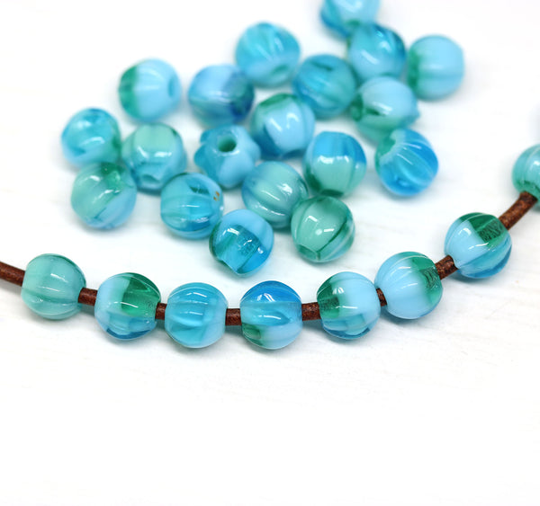 1.5mm hole blue green 6mm melon shape beads - 30pc