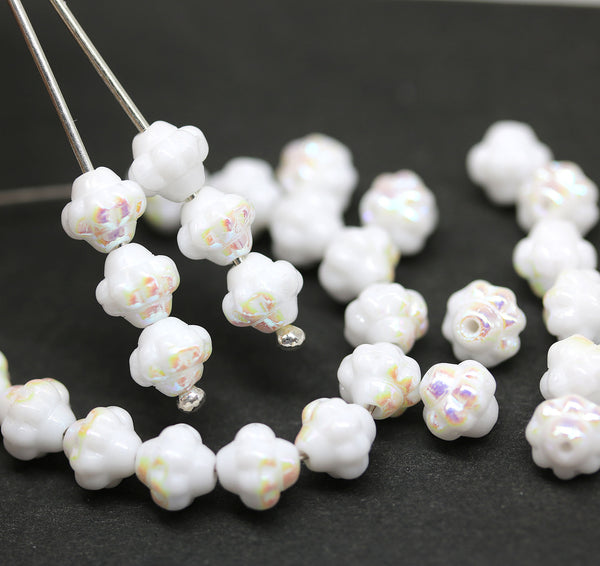 6mm White fancy Czech glass bicone beads, AB finish, 50pc