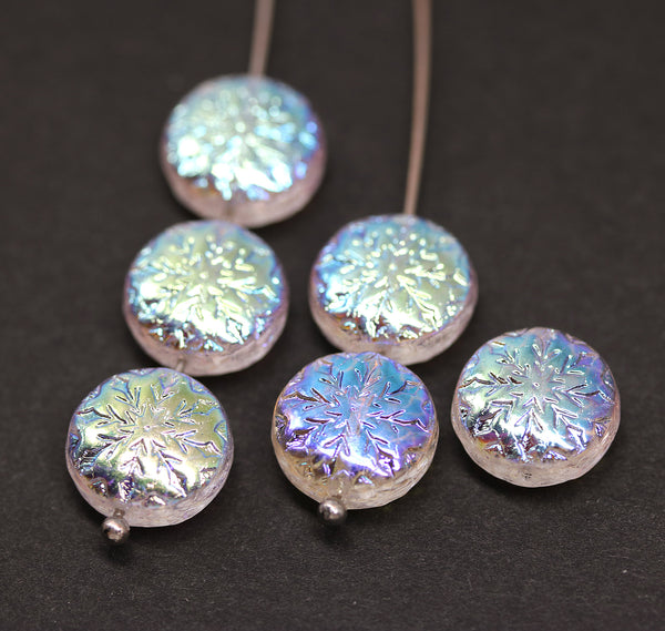 Crystal clear czech glass snowflake beads AB finish - 6pc