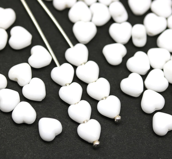 6mm White heart Czech glass beads, 40pc