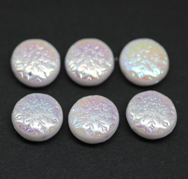 White czech glass snowflake beads AB finish - 6pc