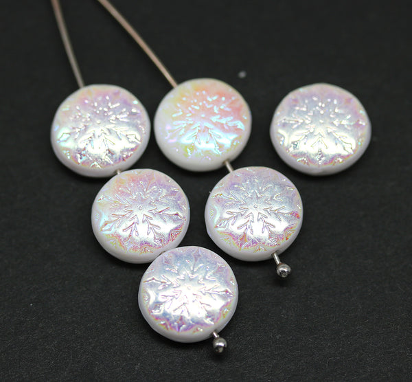 White czech glass snowflake beads AB finish - 6pc