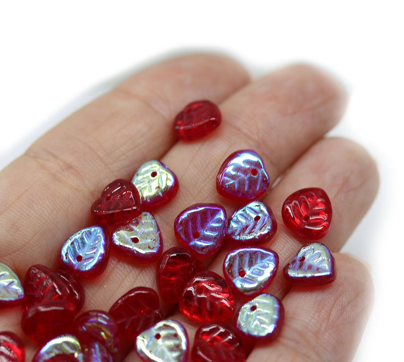 9mm Dark red heart shaped triangle leaf czech glass, AB finish, 30pc