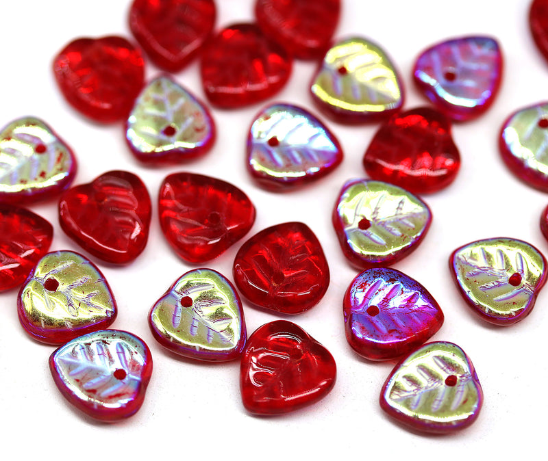 9mm Dark red heart shaped triangle leaf czech glass, AB finish, 30pc