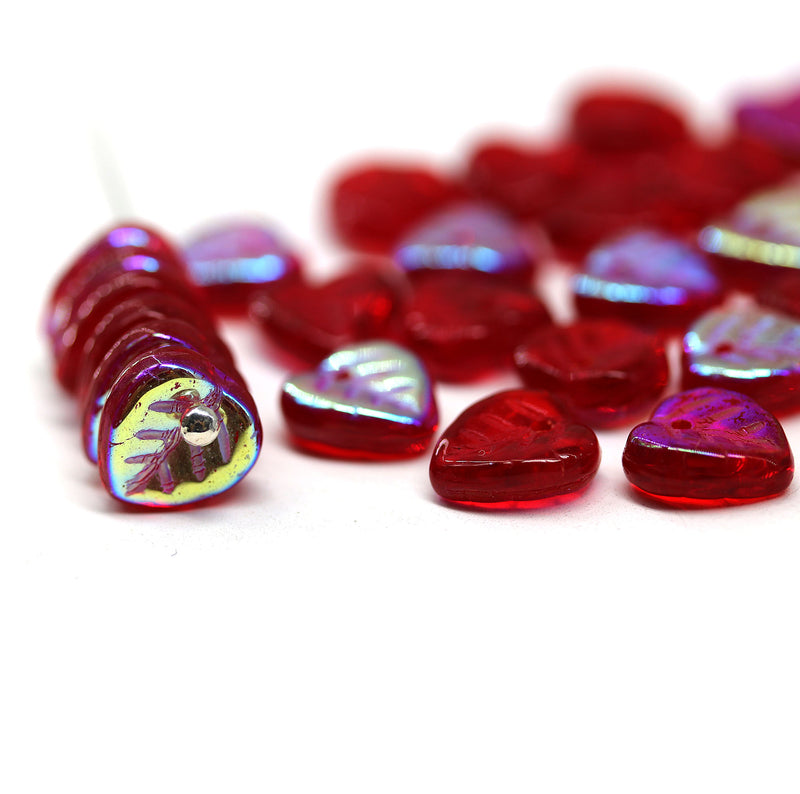 9mm Dark red heart shaped triangle leaf czech glass, AB finish, 30pc