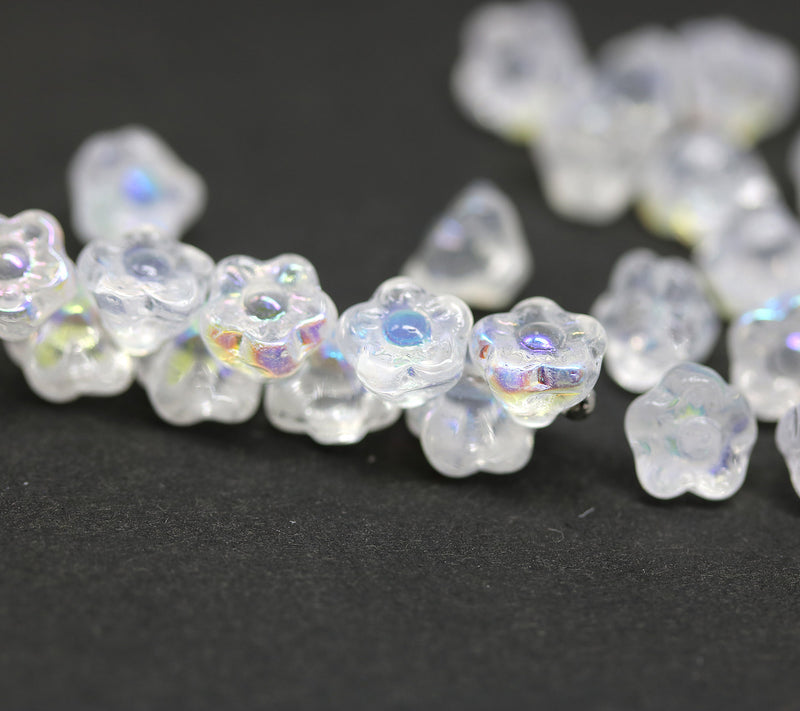 7mm Button style flower glass beads crystal clear AB finish - 25pc