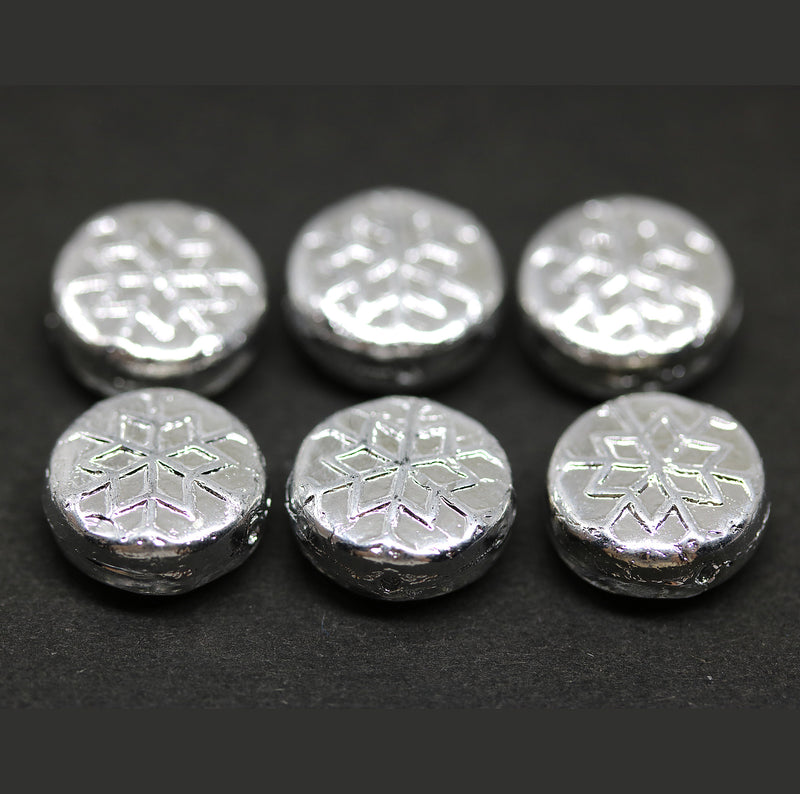 Silver czech glass snowflake beads - 6pc
