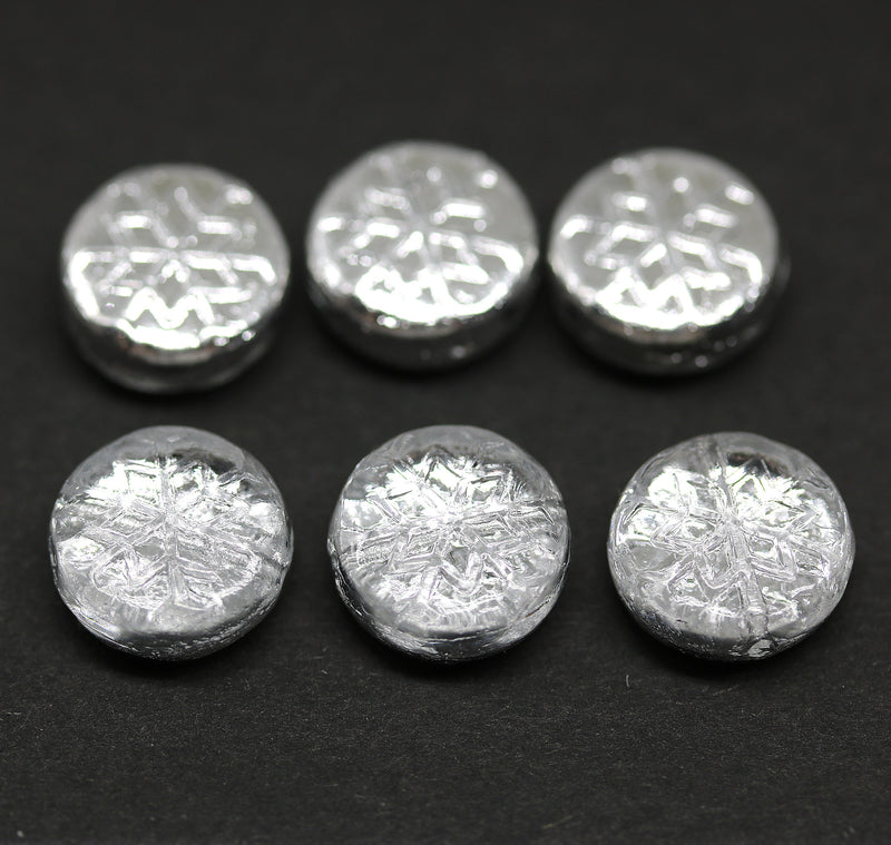 Silver czech glass snowflake beads - 6pc