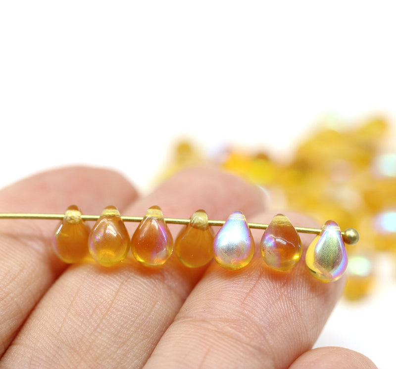 5x7mm Honey yellow glass drops amber topaz czech glass, 50pc