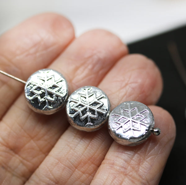 Silver czech glass snowflake beads - 6pc