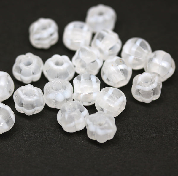 2.5mm hole frosted clear white stripes 8mm melon shape beads - 20pc