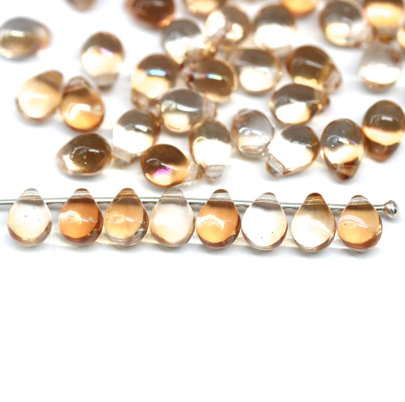 5x7mm Light brown teardrops, czech glass top drilled, AB finish, 50pc